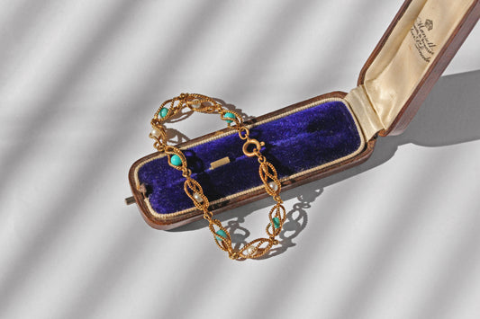 Vintage 9 carat gold pearl and amazonite bracelet from 1968