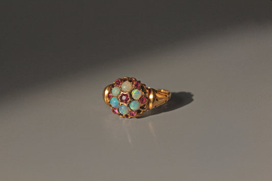 chunky Antique Victorian opal and amethyst celestial cluster ring in 18ct gold