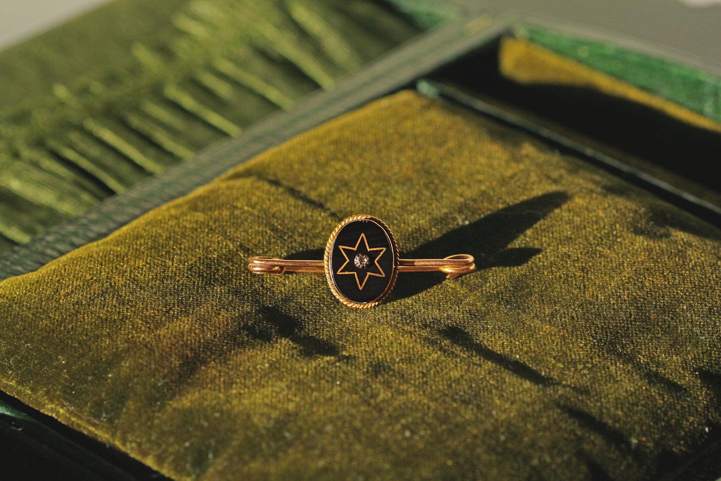 Antique victorian old mine cut diamond & onyx brooch, in 9 carat gold