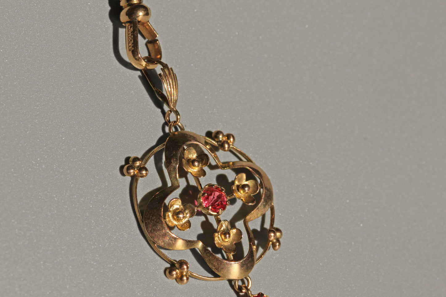 Antique art nouveau ruby paste lavaliere pendant, in 9 carat gold