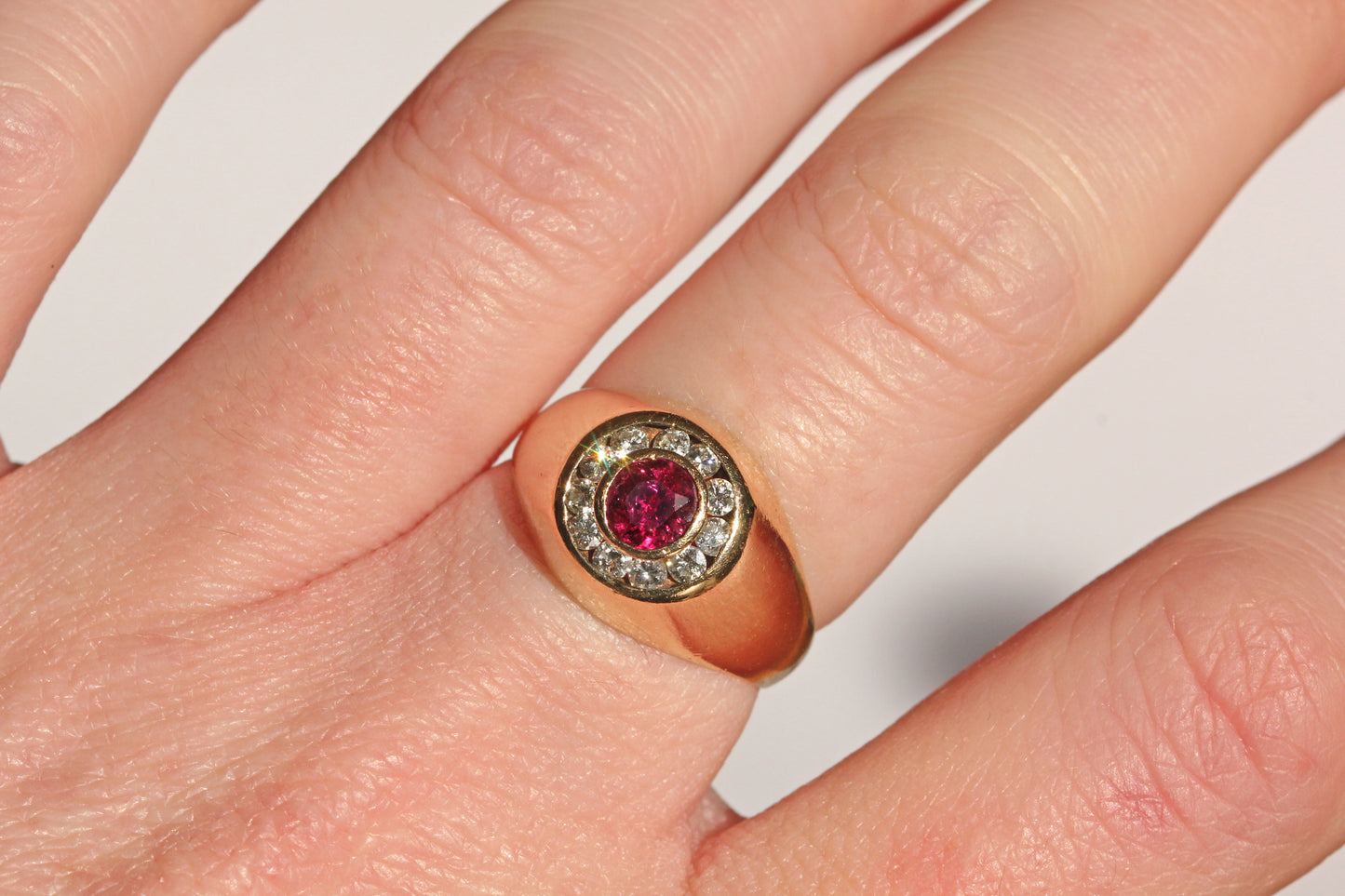Vintage ruby and diamond bombe ring, in 14 carat gold