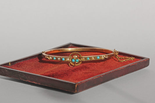 Antique turquoise and pearl ivy or clover bangle, in 9 carat gold