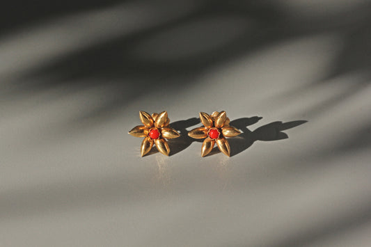Antique Victorian coral flower stud earrings in 18 carat gold