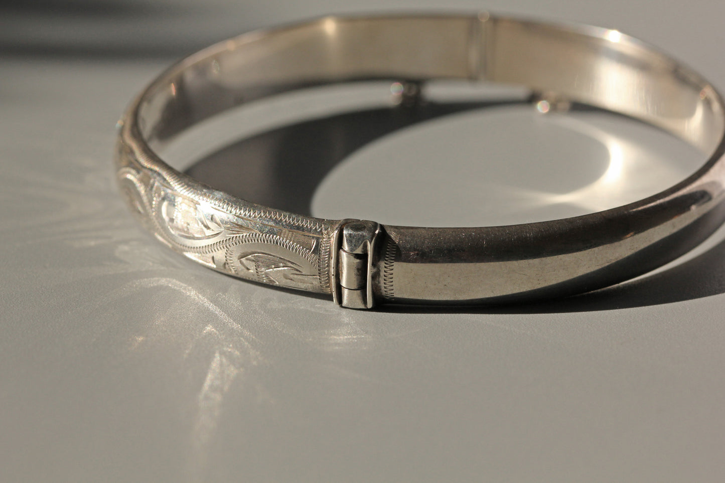 Vintage etched cuff bangle or bracelet, in sterling silver