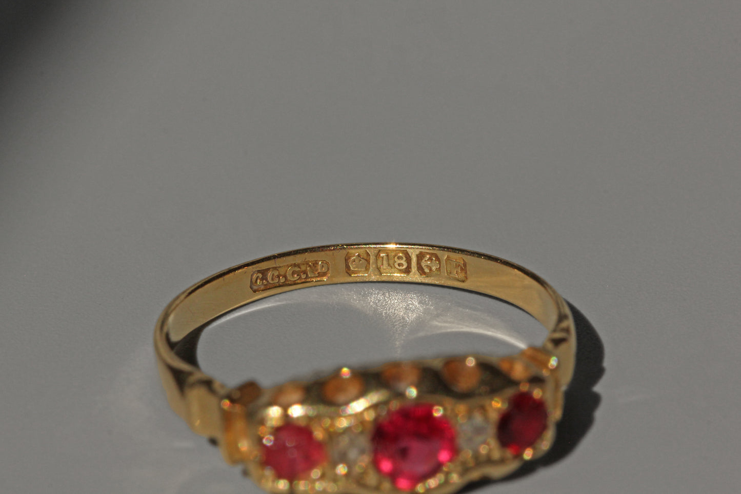 Antique victorian ruby and diamond boat ring, in 18 carat gold