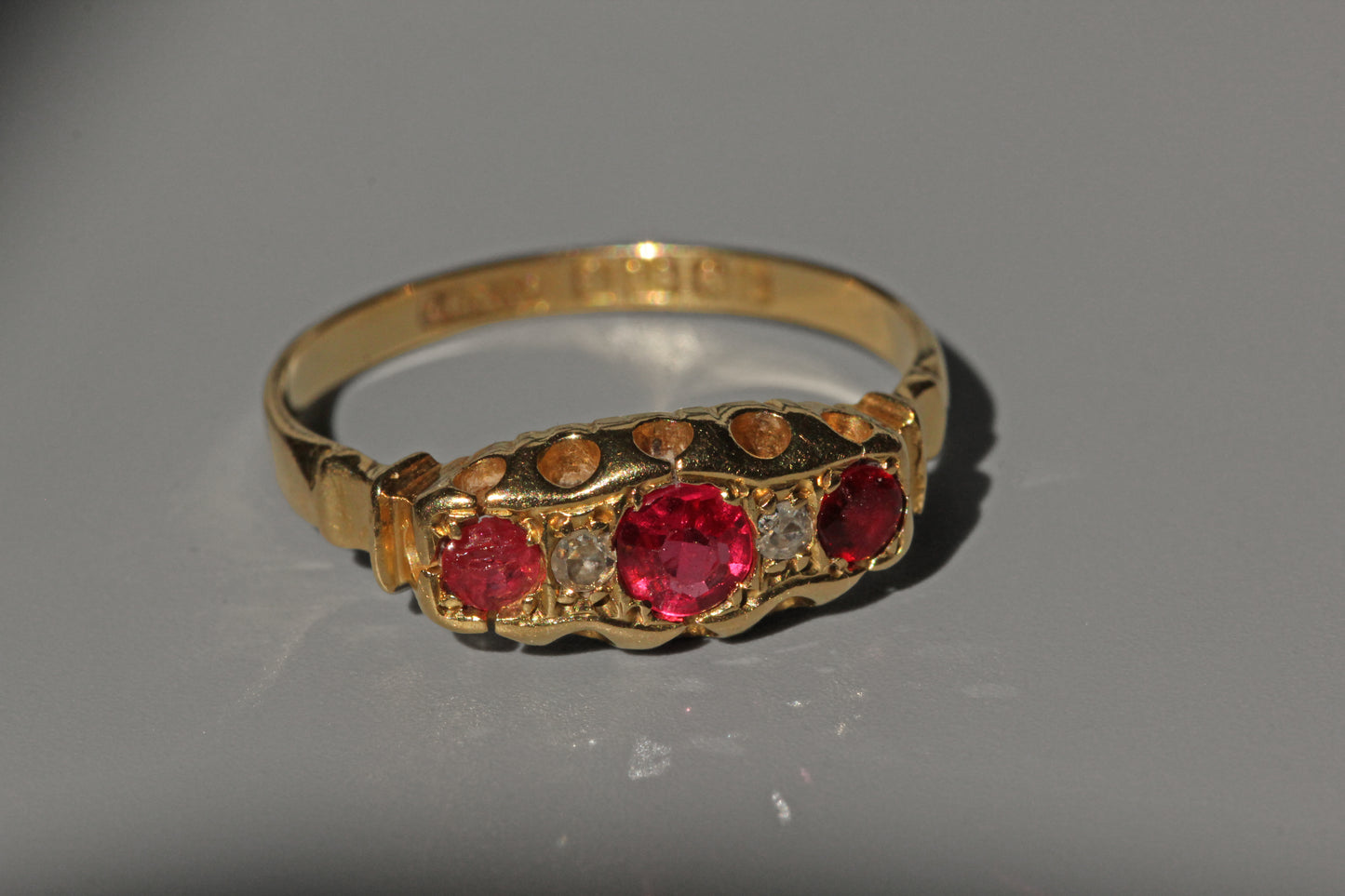Antique victorian ruby and diamond boat ring, in 18 carat gold