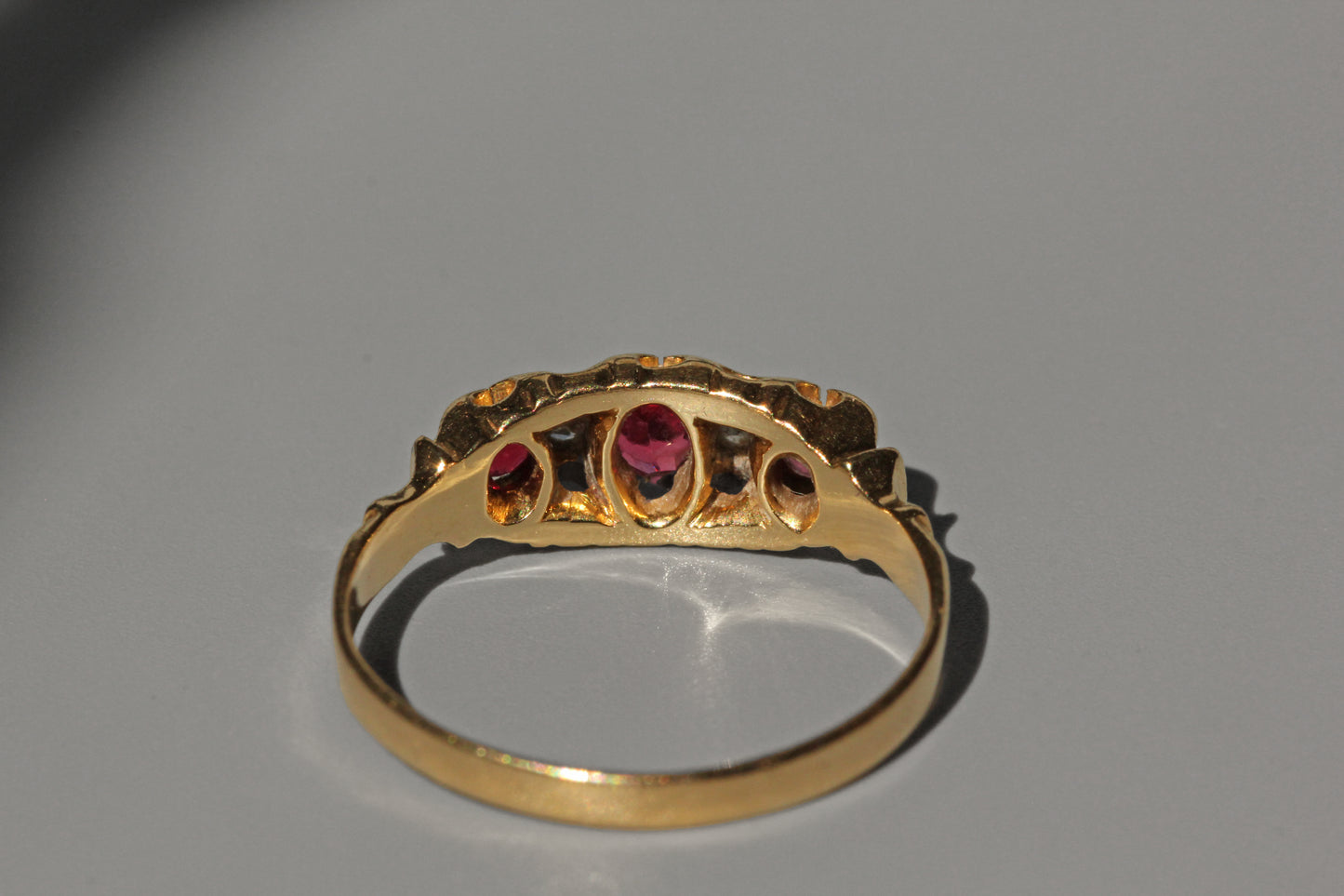 Antique victorian ruby and diamond boat ring, in 18 carat gold