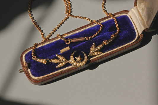 Antique victorian seed pearl crescent moon star necklace, in 9 carat gold