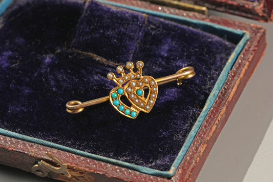 Victorian 15 carat gold Luckenbooth style brooch with turquoise and seed pearl double hearts