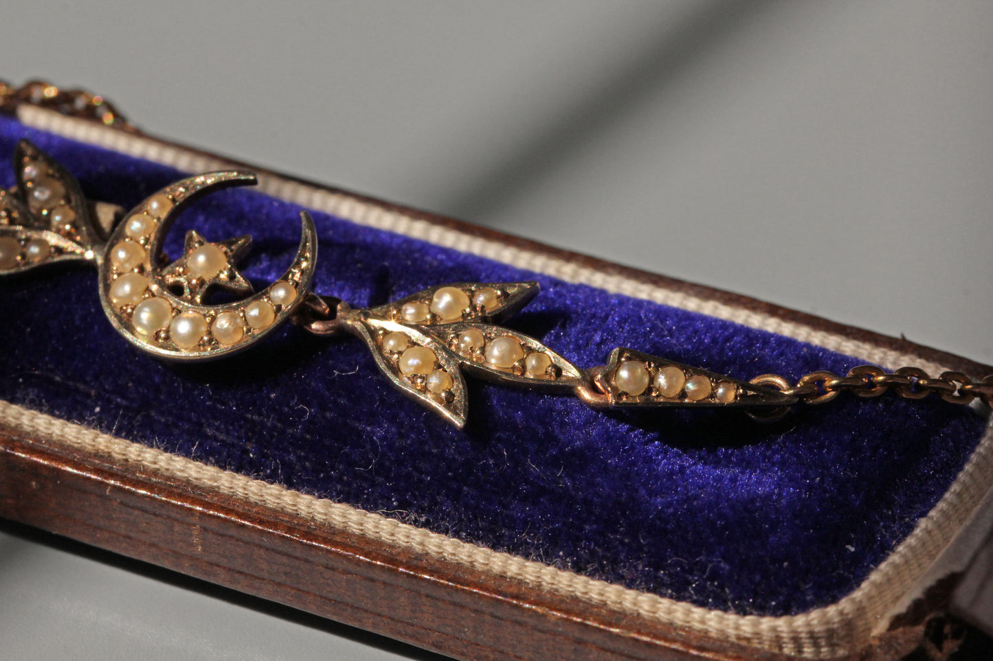 Antique victorian seed pearl crescent moon star necklace, in 9 carat gold