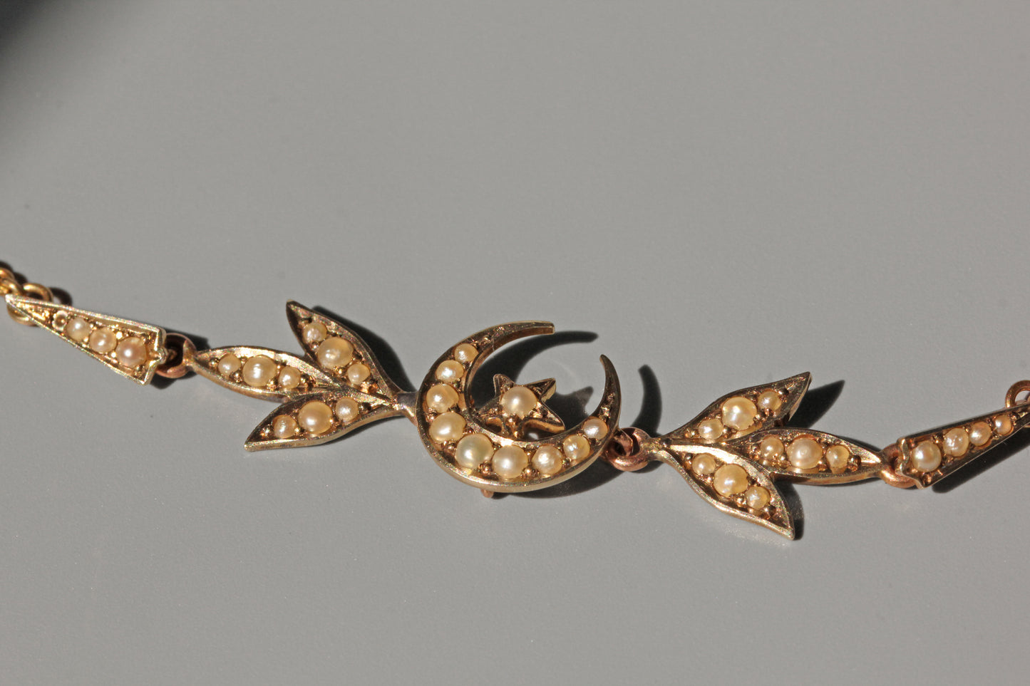 Antique victorian seed pearl crescent moon star necklace, in 9 carat gold