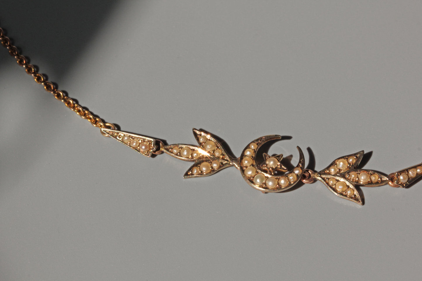 Antique victorian seed pearl crescent moon star necklace, in 9 carat gold