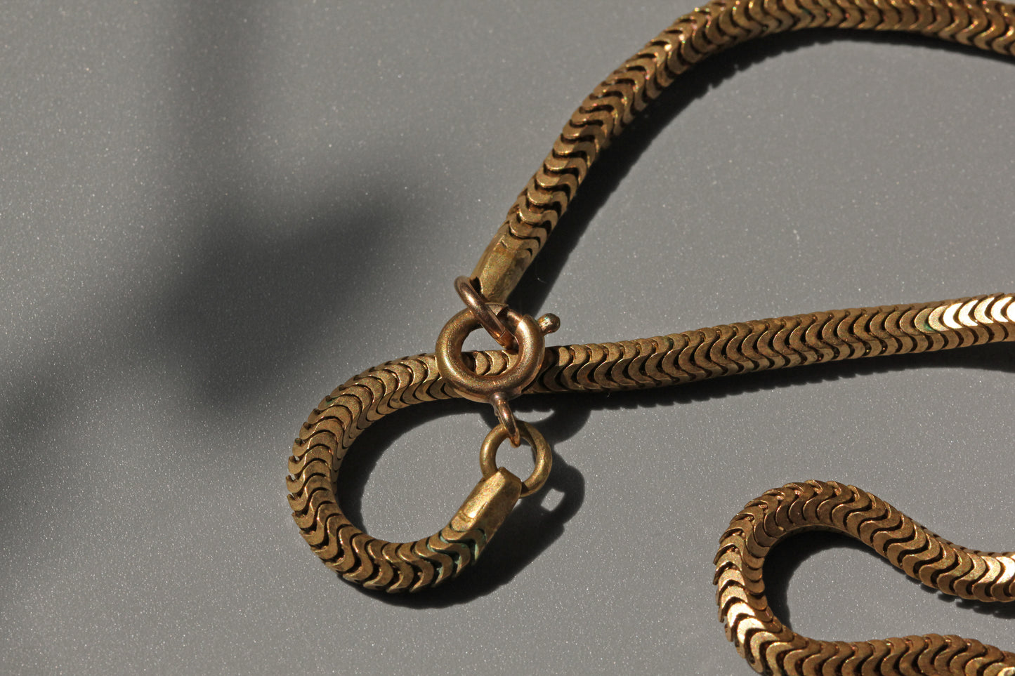 Antique snake link 70" necklace chain, in gold pinchbeck