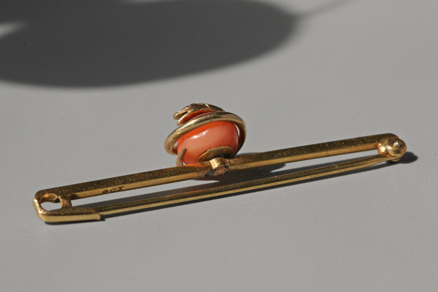 Antique victorian coral serpent snake brooch, in 9 carat gold