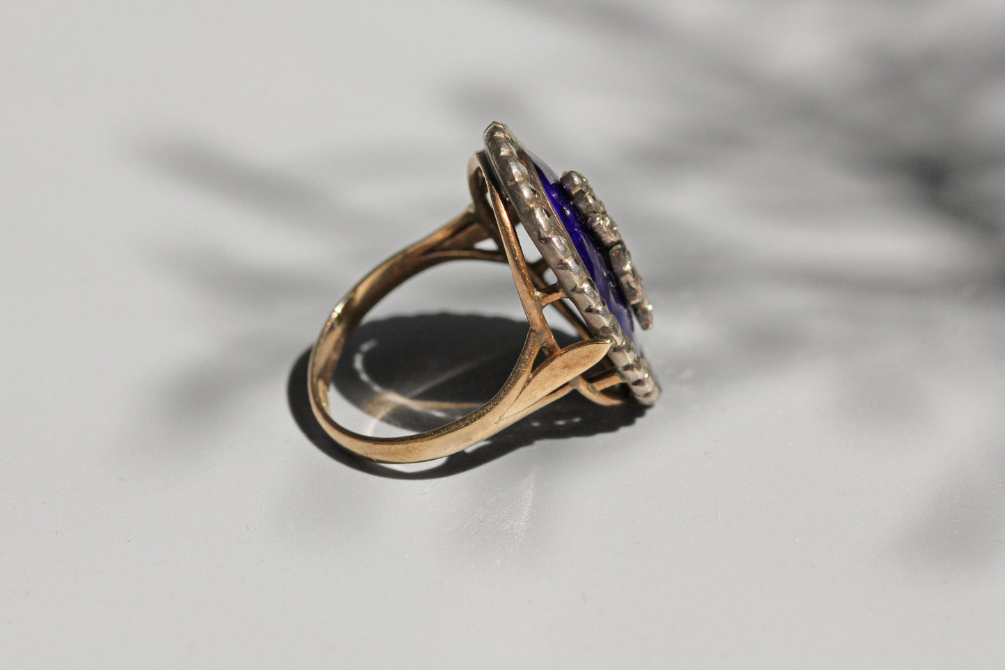 Antique victorian blue enamel marcasite ring, in 9 carat gold