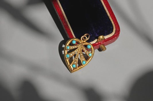 Antique Victorian turquoise and pearl heart pendant in 9 carat gold in box