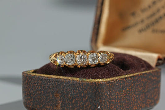 Antique old cut diamond engagement ring, in 18ct gold on antique ring box