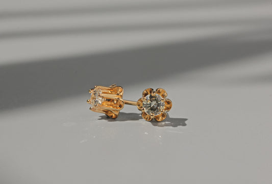 Vintage diamond solitaire buttercup belcher earrings, in 14 carat gold