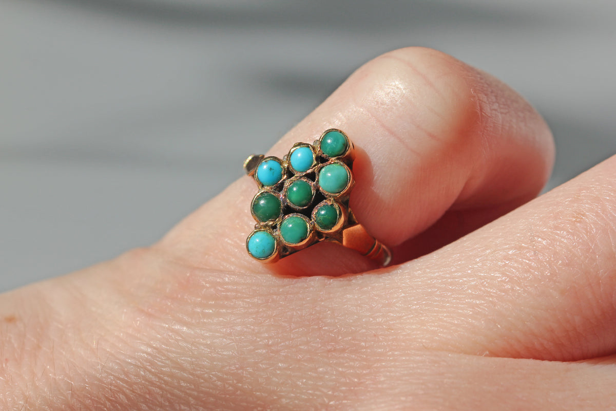 A Victorian 9ct gold ring with a cluster of turquoise and green cabochon stones in a lozenge or navette marquise shape, shown worn on a person's finger.