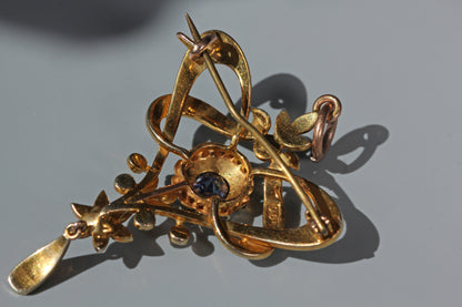 Reverse of antique 9 carat gold lavaliere pendant brooch with original pin fitting
