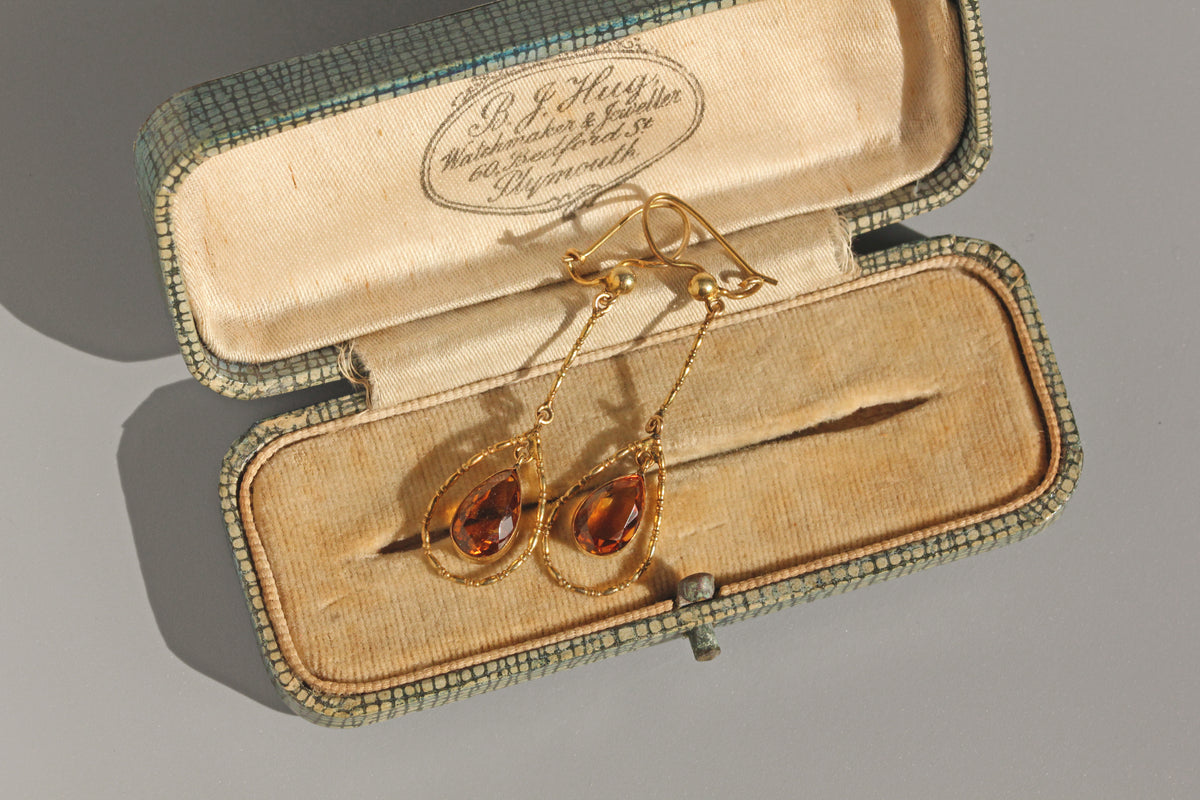 Antique topaz teardrop earrings in 9ct gold with openwork frame in antique box