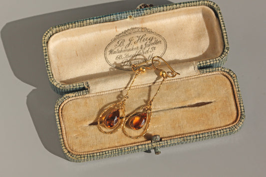 Antique topaz teardrop earrings in 9ct gold with openwork frame