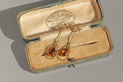Vintage gold hook earrings with amber topaz teardrop stones

