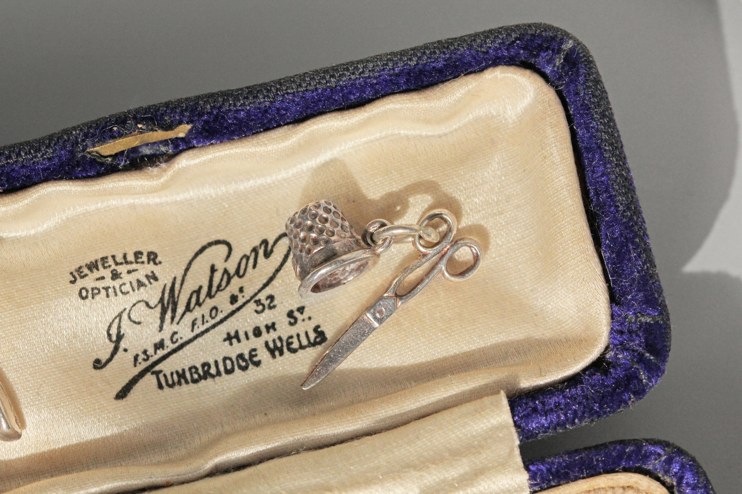 Mid century dressmaker sewing charm in sterling silver, circa 1970s in antique box