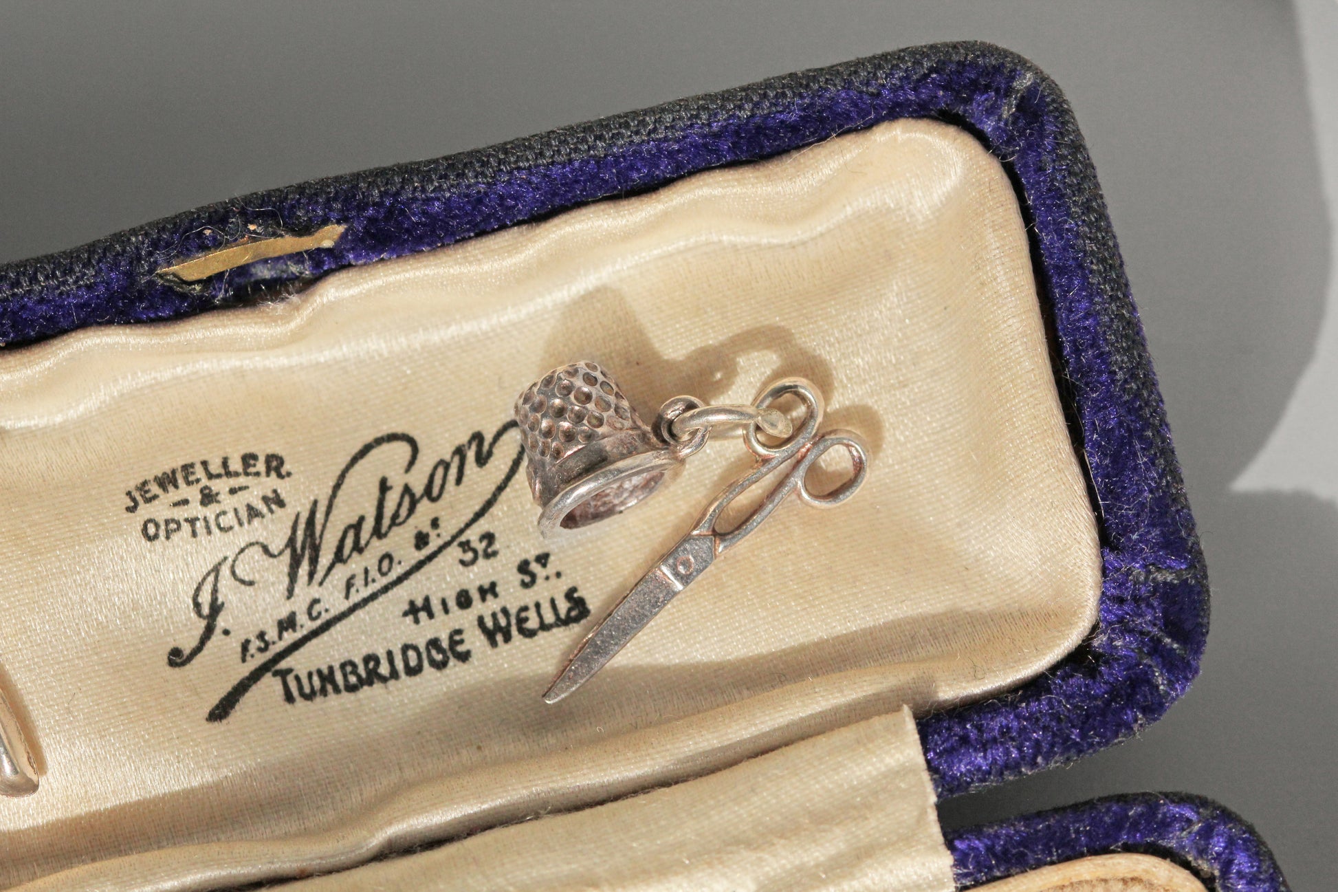 Mid century dressmaker sewing charm in sterling silver, circa 1970s in antique box