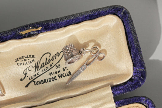 Mid century dressmaker sewing charm in sterling silver, circa 1970s in antique box