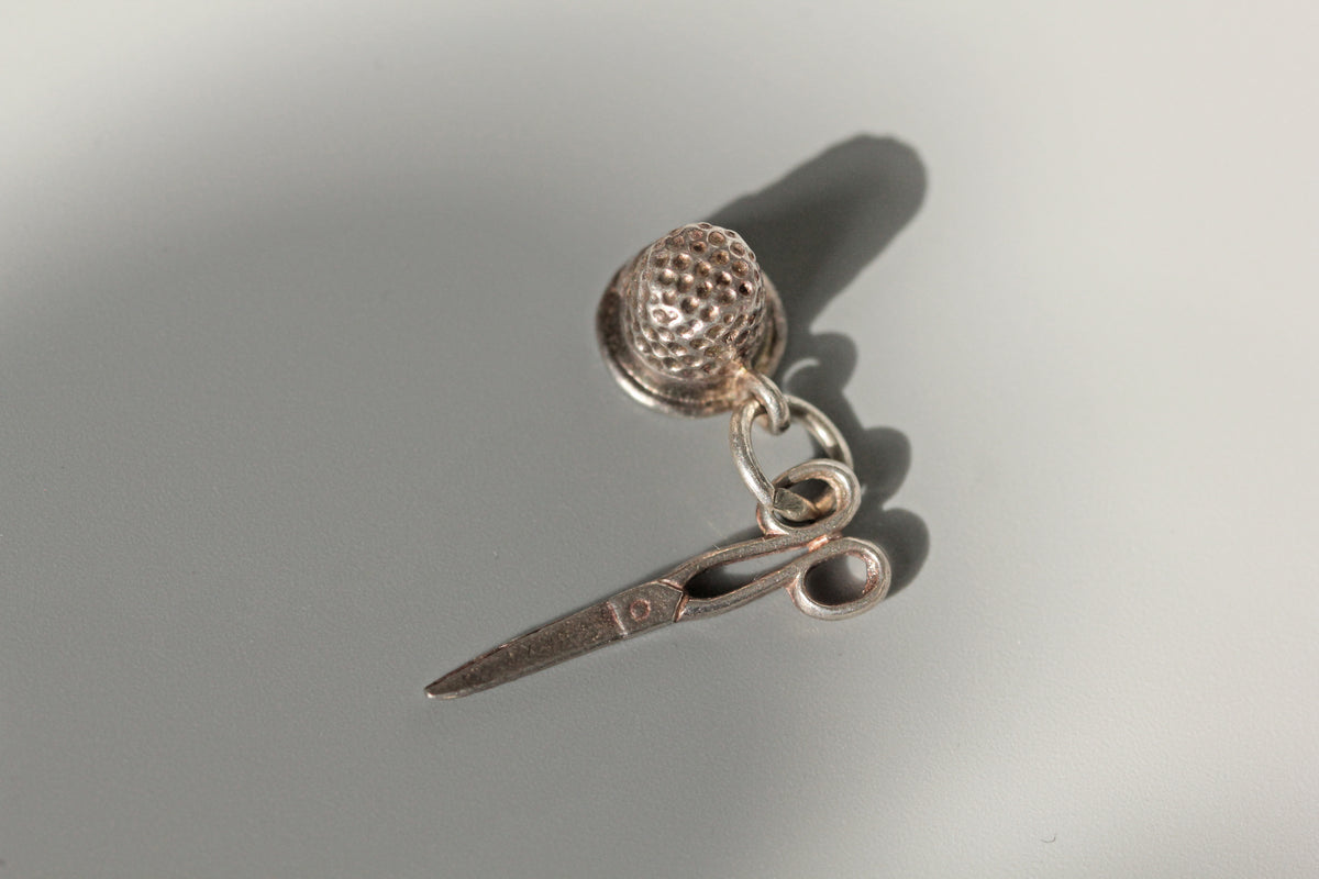 Vintage sterling silver sewing charm pendant with scissors and thimble
