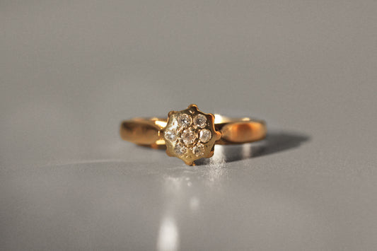 Close up of diamond cluster ring with rub over setting