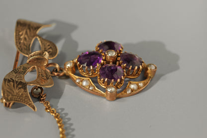 Antique amethyst and pearl bow brooch pendant, in 9ct gold