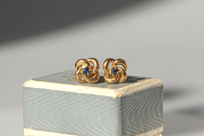 Vintage sapphire love knot stud earrings in 9 carat gold on vintage ring box