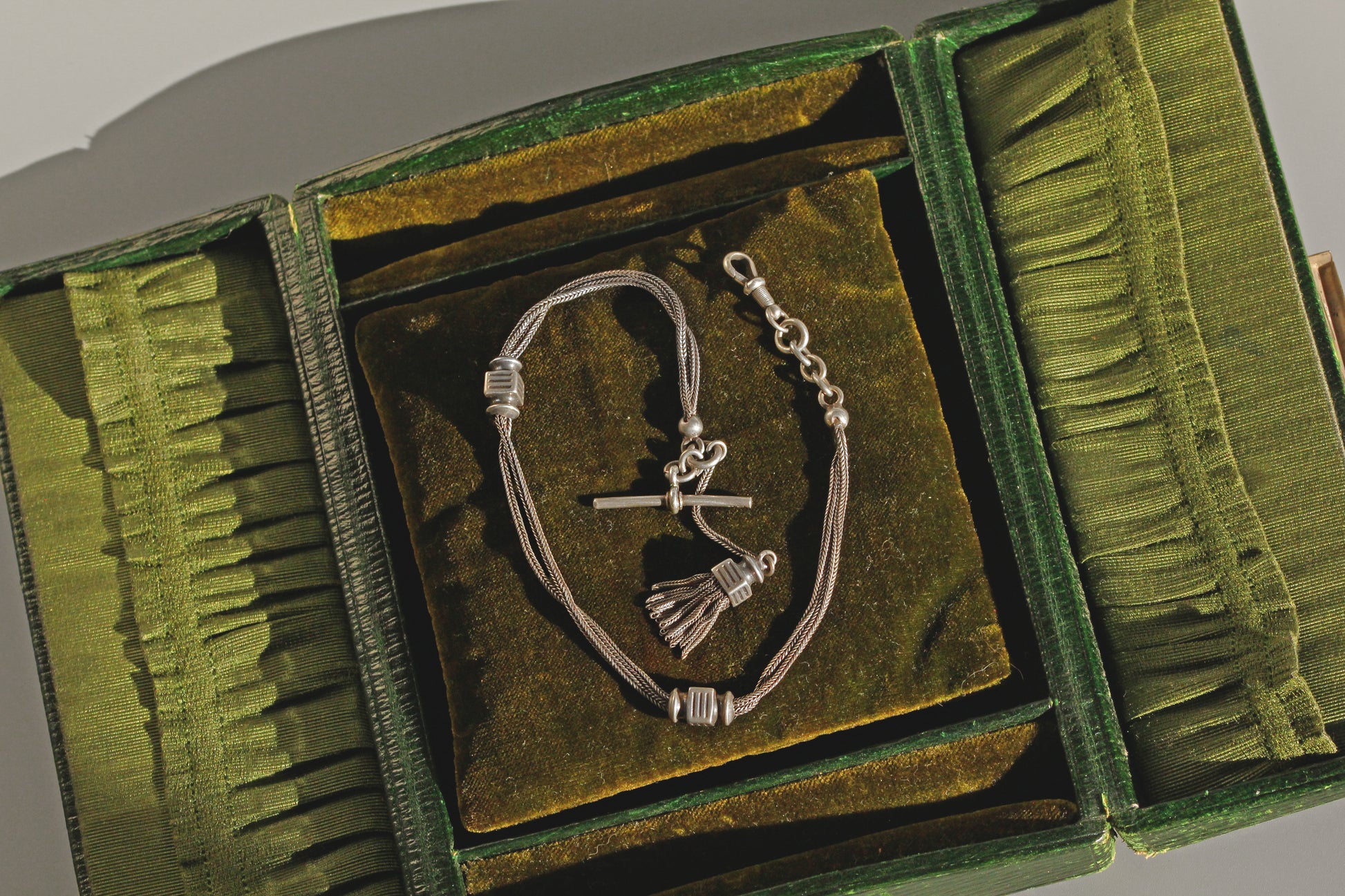 Antique Victorian sterling silver albertina chain with tassel in antique jewellery box