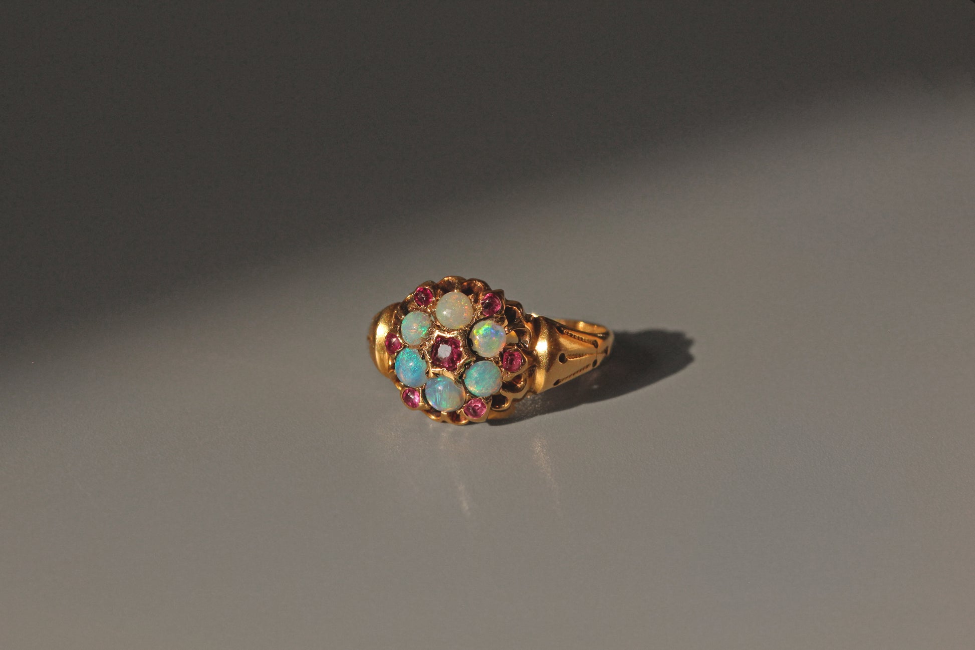 chunky Antique Victorian opal and amethyst celestial cluster ring in 18ct gold