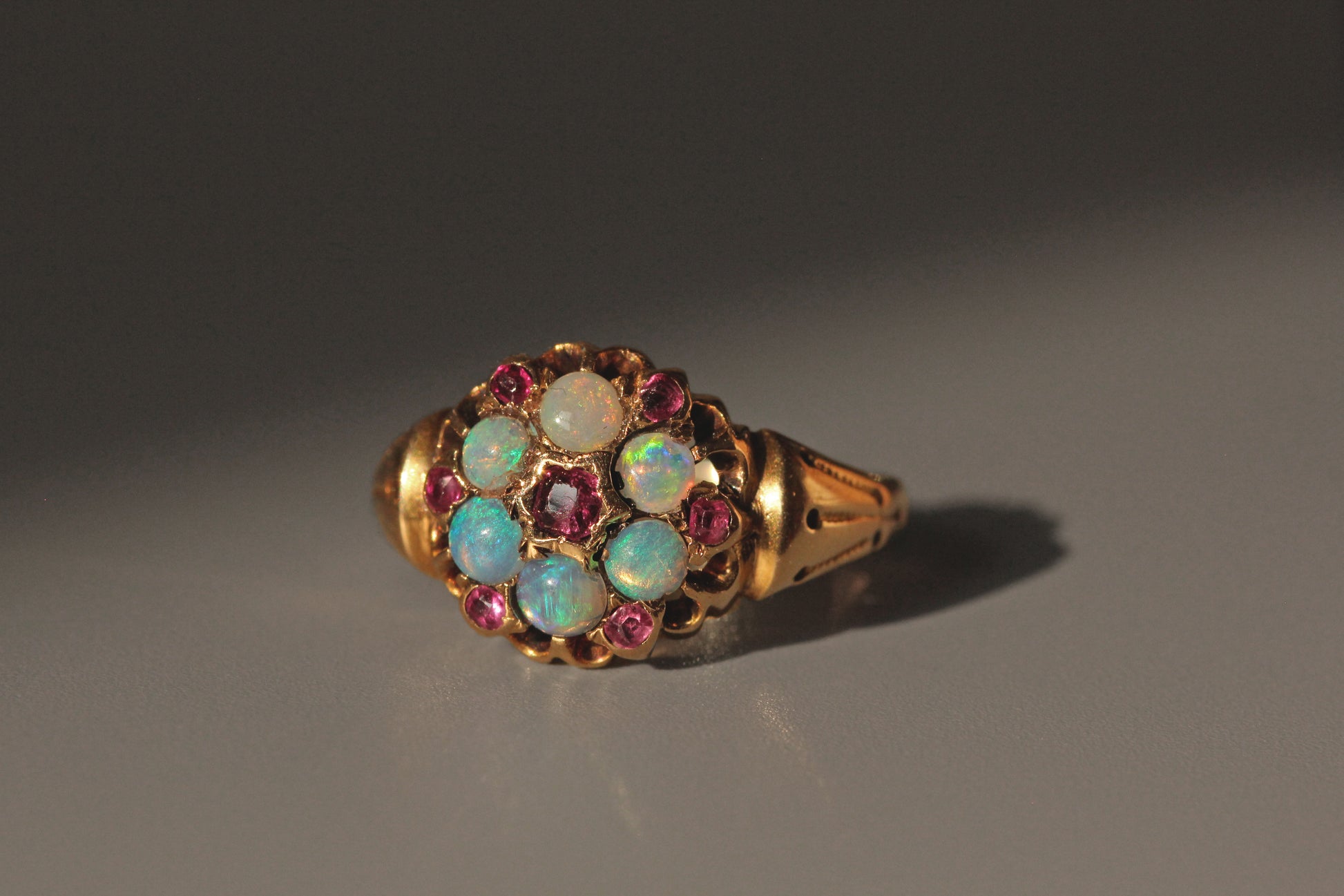 Antique Victorian opal and amethyst celestial cluster ring in 18ct gold
