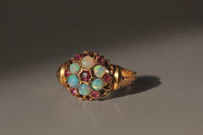 Antique Victorian opal and amethyst celestial cluster ring in 18ct gold