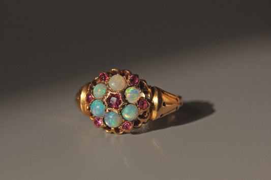 Antique victorian opal & amethyst celestial cluster ring, in 18 carat gold