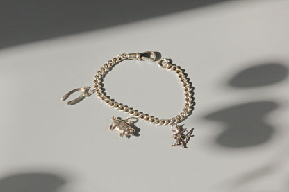 Antique albert chain charm bracelet with dog clip, in sterling silver