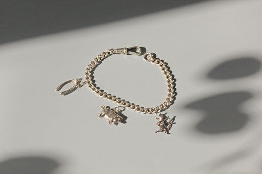 Antique albert chain charm bracelet with dog clip, in sterling silver
