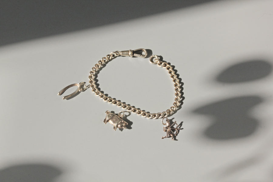 Antique sterling silver Albert chain charm bracelet with pig and wishbone charm