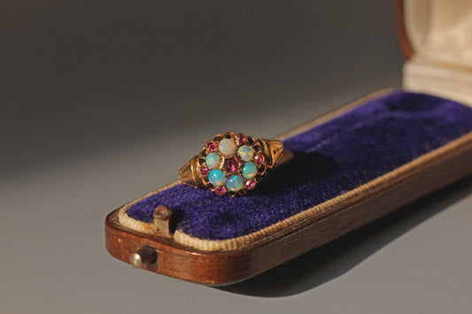 Antique Victorian opal and amethyst celestial cluster ring in 18ct gold in blue velvet jewellery box