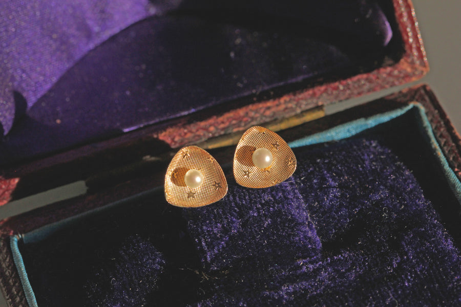 Vintage Akoya pearl celestial star earrings in 9 carat gold in purple velvet jewellery box