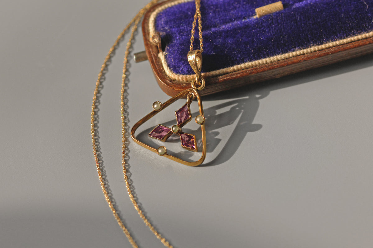 Antique Edwardian amethyst paste and seed pearl pendant necklace
