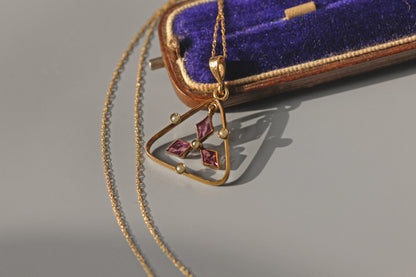 Antique Edwardian amethyst paste and seed pearl pendant necklace
