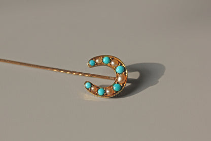Antique victorian pearl & turquoise lucky horseshoe pin, in 18 carat gold