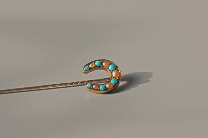 Antique victorian pearl & turquoise lucky horseshoe pin, in 18 carat gold