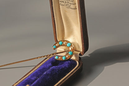 Antique victorian pearl & turquoise lucky horseshoe pin, in 18 carat gold