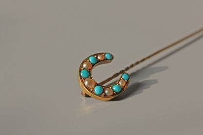 Antique victorian pearl & turquoise lucky horseshoe pin, in 18 carat gold